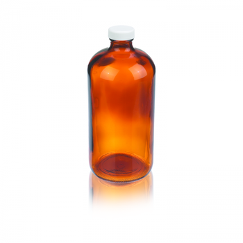 WHEATON Boston Round Bottle, 32oz, amber, white Polypropylene, PTFE faced foamed Polyethylene, case of 12