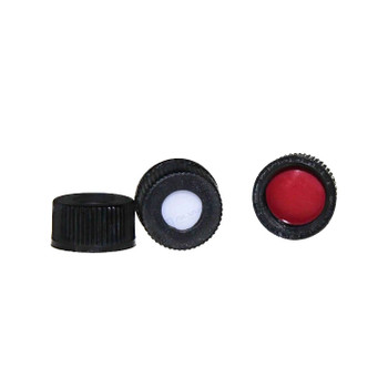 Emerald Scientific 9-425 Black, Open Top, Ribbed, Screw Cap with 9mm Red PTFE/White Silicone 1mm Thick Pre-Slit Septa, 500/pack