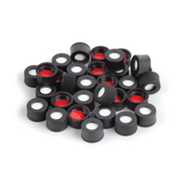 Black Vial Caps & Red Septa (13-425, PTFE/ Silicone Septa 0.065") 100Pk