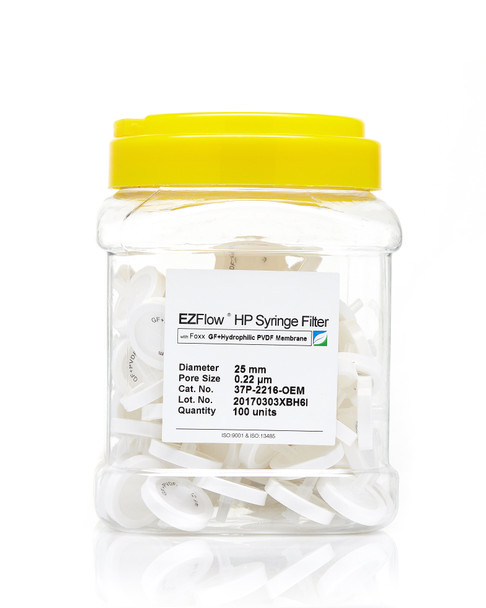 EZFlow  High Particulate Syringe Filter, 0.22um Hydrophilic PVDF w/ Glass Fiber Prefilter, 25mm