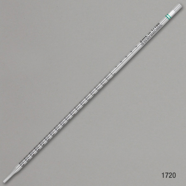 2mL, Serological Pipette, PS, Standard Tip, 275mm, STERILE, Green Striped, Individually Wrapped, Box of 500