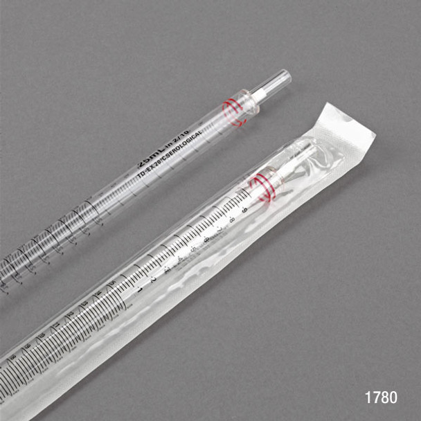 25mL, Serological Pipette, PS, Standard Tip, 345mm, Non-Sterile, Red Striped, 10/Pack, 10 Packs/Box, Box of 100