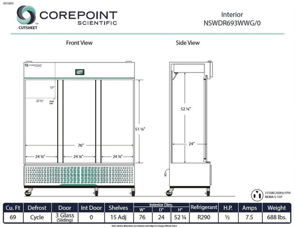 Corepoint Scientific White Diamond Series Laboratory and Medical Sliding Triple Glass Door Refrigerator 69 Cu. Ft.