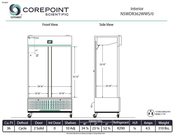 Corepoint Scientific White Diamond Series Laboratory and Medical Swinging Double Solid Door Refrigerator 36 Cu. Ft.