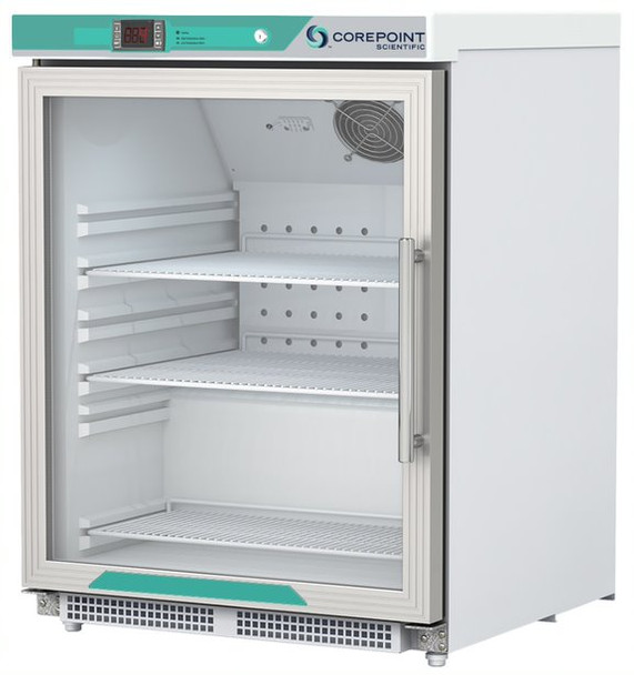 Corepoint Scientific White Diamond Series Undercounter Refrigerator, Built-In, 4.6 Cu. Ft., Glass Door, Left Hinged, ADA