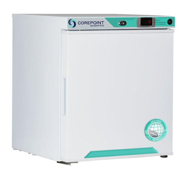 Corepoint Scientific White Diamond Series Countertop Refrigerator, Freestanding, 1 Cu. Ft., Solid Door, Left Hinged