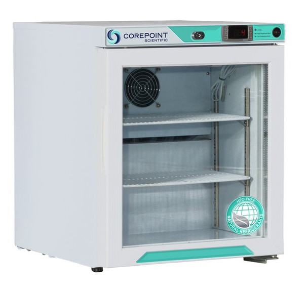 Corepoint Scientific White Diamond Series Countertop Refrigerator, Freestanding, 1 Cu. Ft., Glass Door