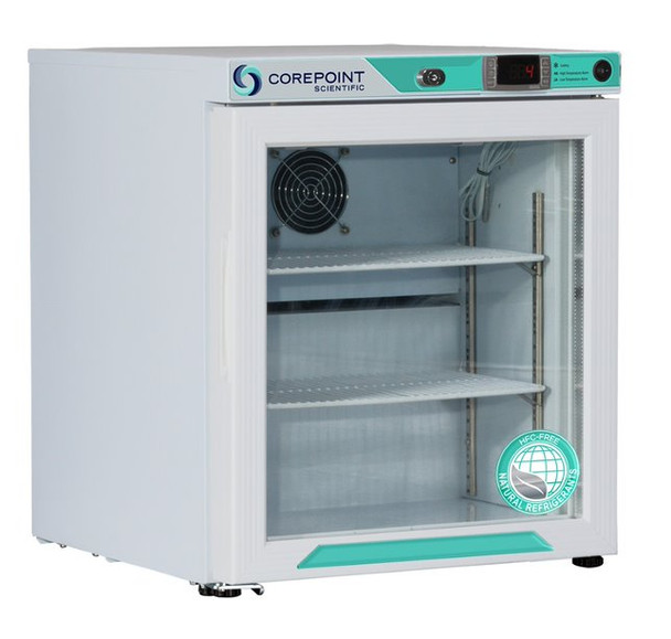 Corepoint Scientific White Diamond Series Countertop Refrigerator, Freestanding, 1 Cu. Ft., Glass Door, Left Hinged