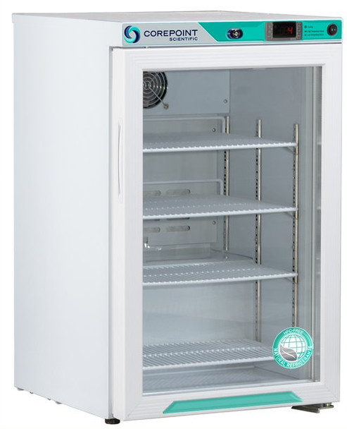 Corepoint Scientific White Diamond Series Undercounter Refrigerator, Freestanding, 2.5 Cu. Ft., Glass Door