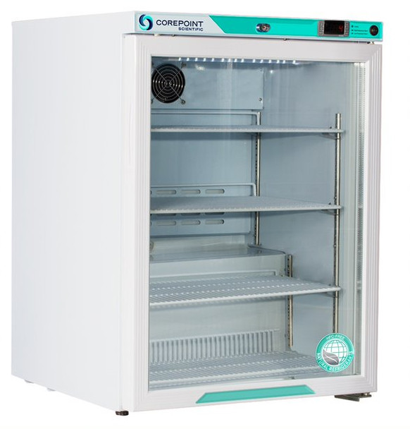 Corepoint Scientific White Diamond Series Undercounter Refrigerator, Freestanding, 5.2 Cu. Ft., Glass Door