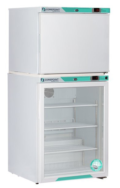 Corepoint Scientific White Diamond Series Refrigerator & Auto Defrost Freezer Combination, 7 Cu. Ft. (5.2 Ref./1.7 Freezer), Glass Door Ref., Solid Door Freezer