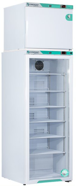 Corepoint Scientific White Diamond Series Refrigerator & CONTROLLED Auto Defrost Freezer Combination, 12 Cu. Ft. (10.5 Ref./1.0 Freezer), Glass Door Ref., Solid Door Freezer