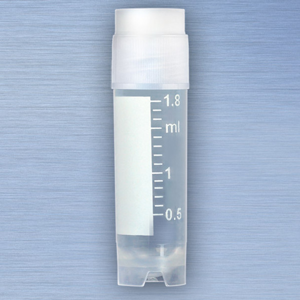 CryoClear Vials, 2.0mL, STERILE, External Threads, Attached Screwcap with Co-Molded Thermoplastic Elastomer (TPE) Sealing Layer, Round Bottom, Self-Standing, Printed Graduations, Writing Space and Barcode, PK/500