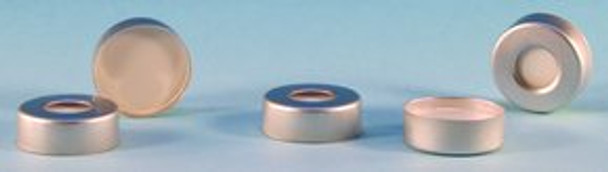 Crimp seals with PTFE/silicone septa silver aluminum seal, seal diam. 20 mm, open center, white PTFE/silicone septum, pkg of 1000 ea