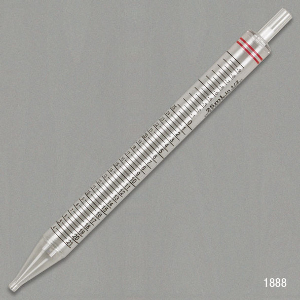 25mL, Serological Pipette, PS, Short, 230mm, STERILE, Red Striped, Individually Wrapped, 100/Box