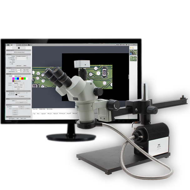 Stereo Zoom Trinocular Microscope SPZV-50 [6.75x-50x] on Ultra Glide Boom Stand, LED FOI & USB 6M Camera