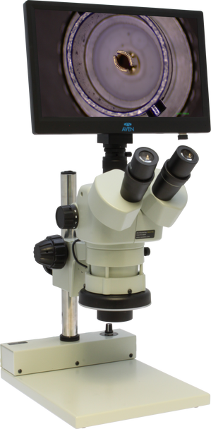 Stereo Zoom Trinocular Microscope SPZV-50 [6.75x-50x] on Post Stand with Integrated Monitor/Camera & LED Light