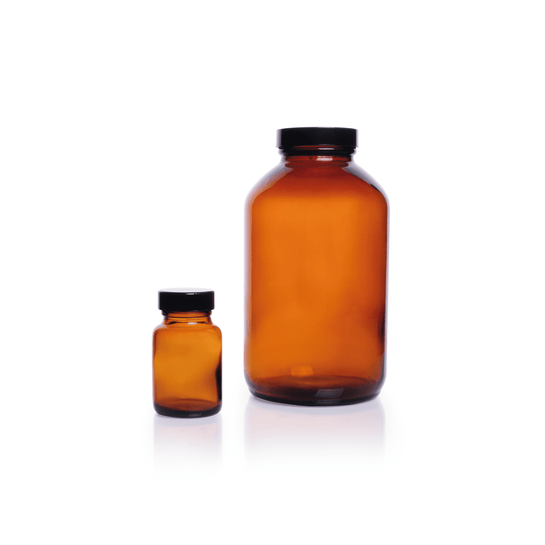 KIMBLE Amber Glass Wide-Mouth Packer Bottles, Bulk Packs, Shrink Modules With Caps in Bags, 30 mL, Pulp / Vinyl, CS/432
