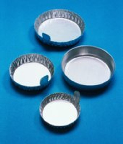 Disposable aluminum dishes crimped sides with finger-grip handle, capacity 20 mL, top I.D. 43 mm