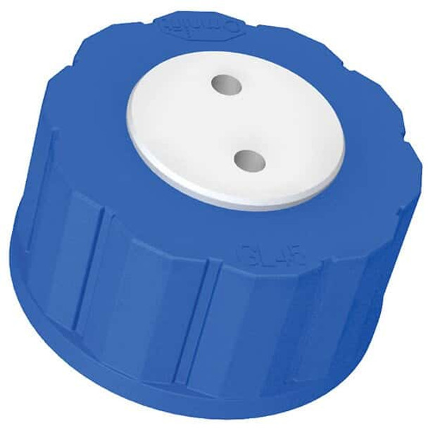 Diba Omnifit T-Series Solvent Bottle Cap, GL45, 2 Luer ports with valve, blue; 1/ea