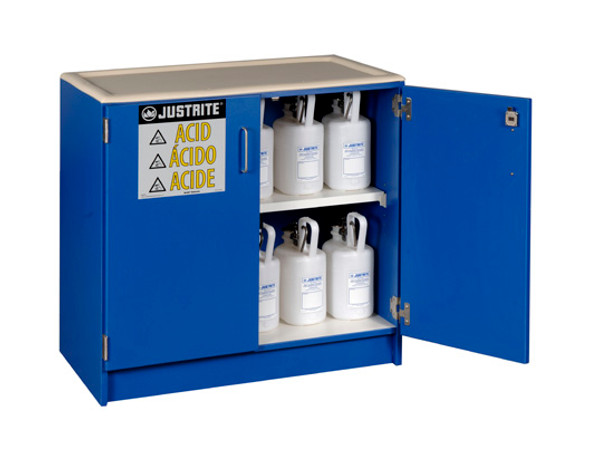 Wood Laminate Corrosives Undercounter Safety Cabinet, Holds Thirty-Six 2-1/2 L Bottles, 2 Doors, Blue