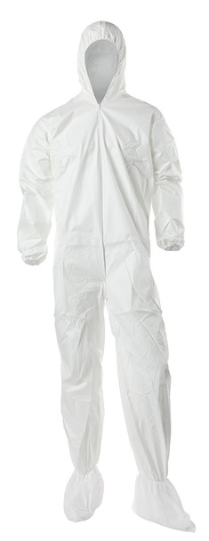 Coverall, White, Inset Sleeve, Attached AquaTrak Boots, Elastic Hood, Wrist & Ankle, L