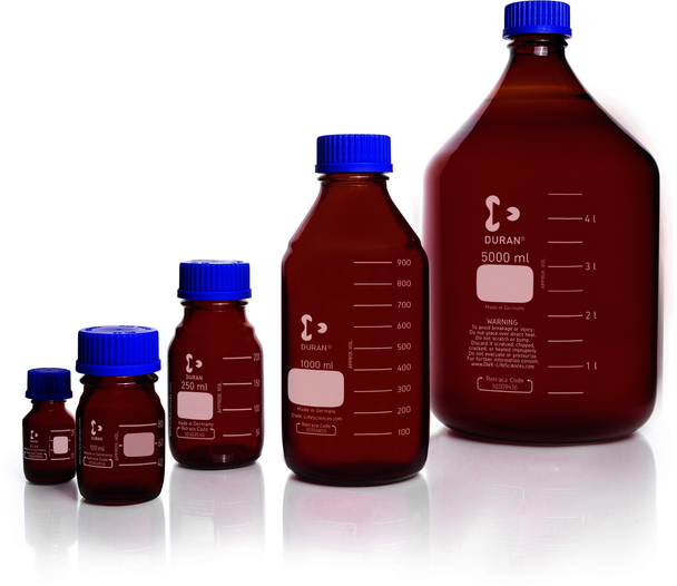 DURAN Original GL 45 Laboratory Bottle, amber, with screw cap and pouring ring, PP, blue, 2000 m, CS/10 with DIN 168-1 thread USP/EP (3.2.1) light transmission graduated