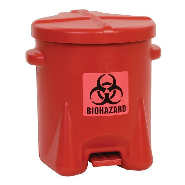 6 Gallon Biohazardous Plastic Waste Can, Foot-Operated, Red - 943BIO