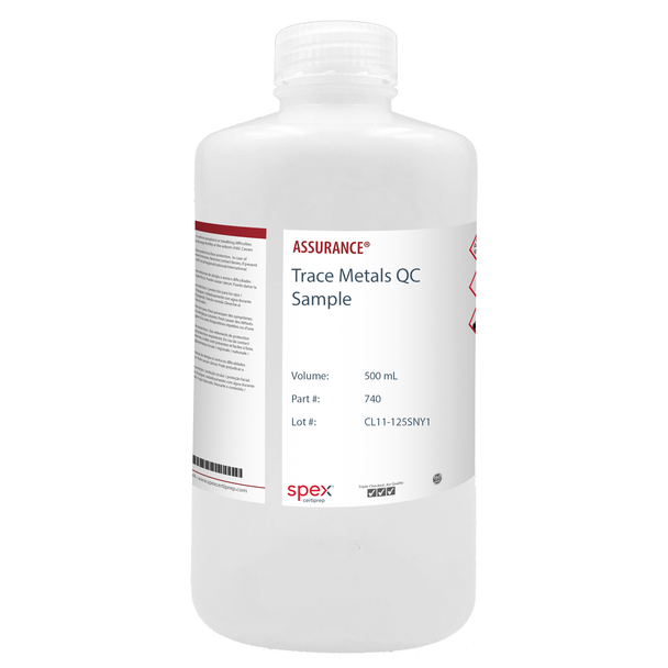 Trace Metals Wastewater QC Sample, 500 mL. One 500 mL whole-volume bottle is ready to analyze. Use with AA, ICP-OES or ICP-MS methods.