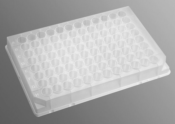 V-bottom assay plate size 96 wells, V-bottom clear polypropylene wells, maximum volume 500uL, pkg of 10x5 plates/cs, sterile