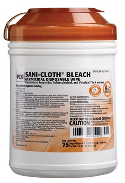 Bleach Germicidal Disposable Wipe, Large, 75/canister, 12 can/cs