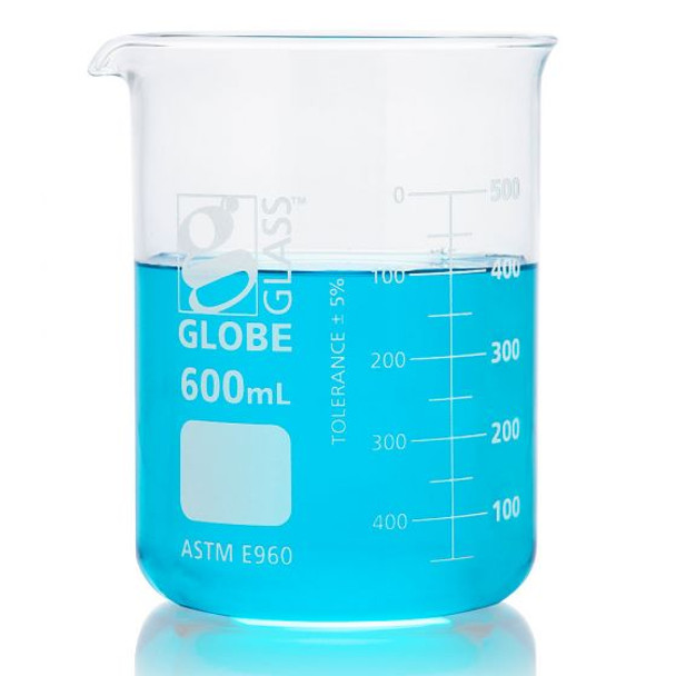 Beaker, Globe Glass, 50mL, Low Form Griffin Style, Dual Graduations, ASTM E960, 12/Box