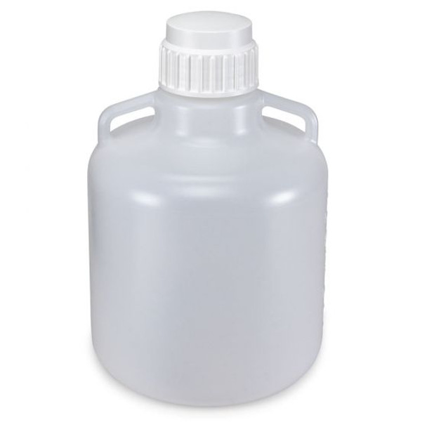 Carboy, Round with Handles, HDPE, White PP Screwcap, 10 Liter, Molded Graduations
