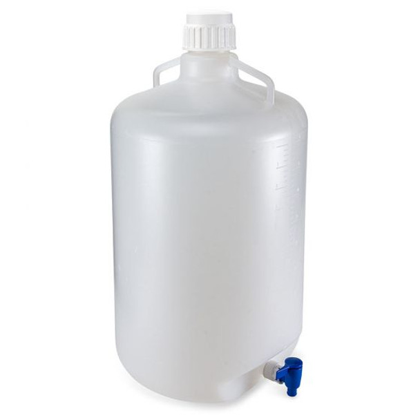 Carboy, Round with Spigot and Handles, PP, White PP Screwcap, 5 Liter, Molded Graduations, Autoclavable