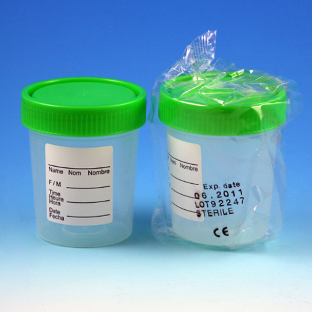 Specimen Container, 4oz, with 1/4-Turn Green Screwcap and Tri-Lingual ID Label, STERILE, PP, Individually Wrapped, Graduated, CS 100