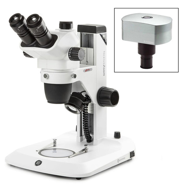 Trinocular stereo zoom microscope, NexiusZoom EVO, 0.65x to 5.5x zoom objective with rack and pinion stand, 18.0MP digital USB-3 camera