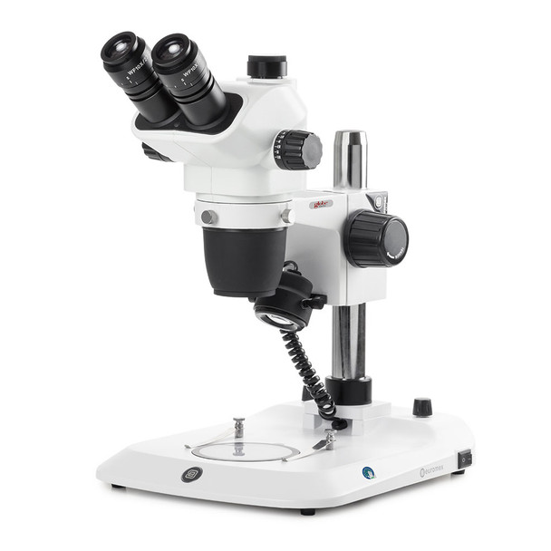 Trinocular stereo zoom microscope NexiusZoom EVO, 0.65x to 5.5x zoom objective, magnification from 6.5x to 55x with pillar