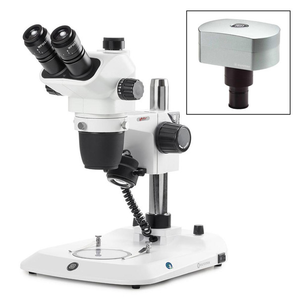 Trinocular stereo zoom microscope NexiusZoom EVO, 0.65x to 5.5x zoom objective, magnification from 6.5x to 55x with pillar, CMEX-18 Pro, 18.0MP digital USB-3 camera