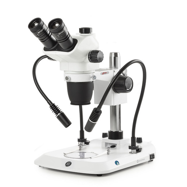 Trinocular stereo zoom microscope NexiusZoom EVO, 0.65x to 5.5x zoom objective, magnification from 6.5x to 55x with pillar, 2LEDs w/ Gooseneck