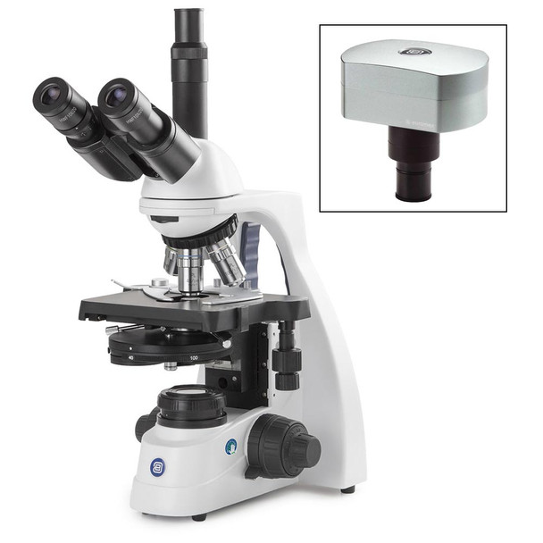 bScope trinocular microscope, HWF 10x/20mm eyepieces and quintuple nosepiece with Plan phase PLPHI 10/20/S40/S100x oil infinity corrected objectives, 131 x 152/197mm stage with integrated mechanical 75 x 36mm rackless X-Y stage.  EBS-1153-PLPHI-DC18