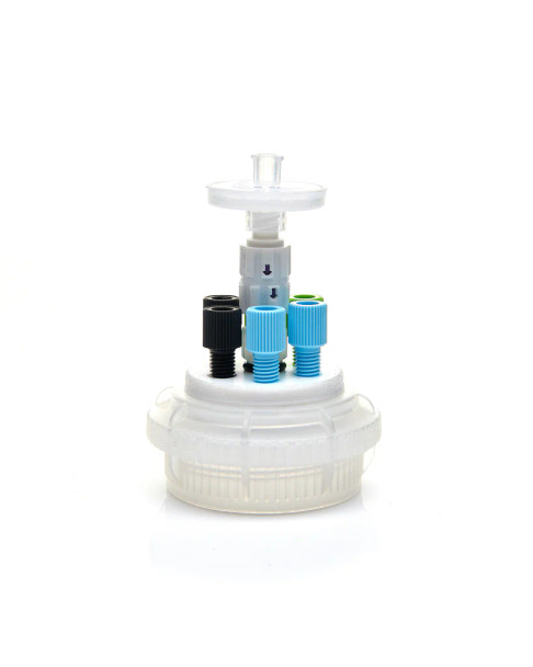 ChromCap 300 Universal HPLC Solvent Reservoir VersaCap GL45 System with Class VI PTFE Adapter and Safety Air Inlet Valve, Cap-Only, Six (6x) Ports- OD Tubing-3.2 mm (1/8) or 1.6 mm (1/16), 1/EA