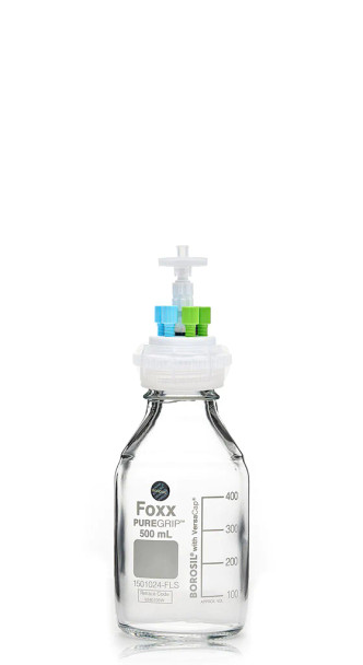 ChromCap 300 HPLC Solvent Reservoir System with VersaCap GL45 and 500 mL Clr. Glass Reagent Bottle, Class VI PTFE Adapter and Safety Air Inlet Valve, Four (4x) Ports- OD Tubing 3.2mm (1/8) or 1.6 mm (1/16), 1/EA