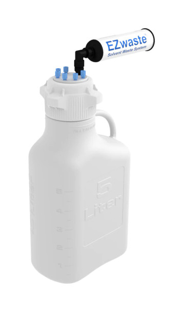 EZwaste HPLC Solvent Waste System, 5 L Heavy Duty Reusable Carboy, 83 mm (83B) VersaCap with Six (6x) Ports for 1/8 Inch O.D. Tubing, 1/EA