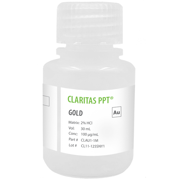 Claritas PPT Grade Gold, 100 ug/mL (100 ppm) for ICP-MS in HCl, 30 mL