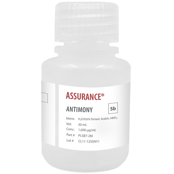 Assurance Grade Antimony, 1,000 ug/mL (1,000 ppm) for AA and ICP in H2O/ Tartaric Acid/tr. HNO3, 30 mL