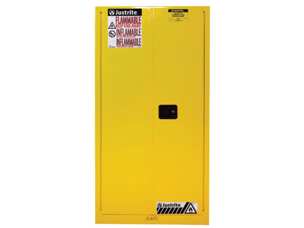 Justrite Sure-Grip EX Flammable Safety Cabinet, 60 gallons, 2 shelves, 2 self-close doors, Yellow