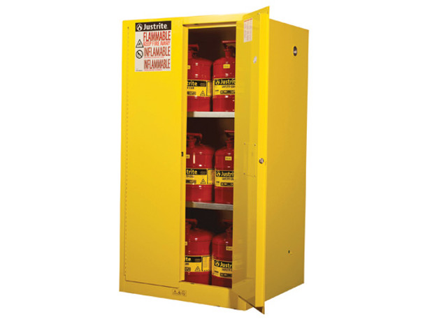 Justrite Sure-Grip EX Flammable Safety Cabinet, 60 gallons, 2 shelves, 2 manual-close doors, Yellow