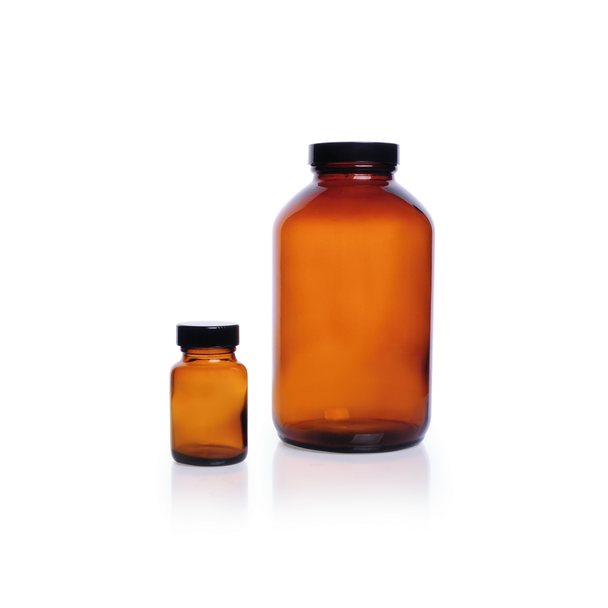 KIMBLE Amber Glass Wide-Mouth Packer Bottles, Convenience Packs (Caps Attached), 125 mL, PTFE-Faced LDPE Foam, 24/CS