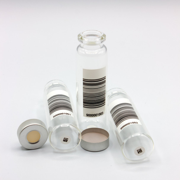 PreBarcoded 20ml Headspace Crimp Cap, Side Barcode and Bottom Barcode Vials