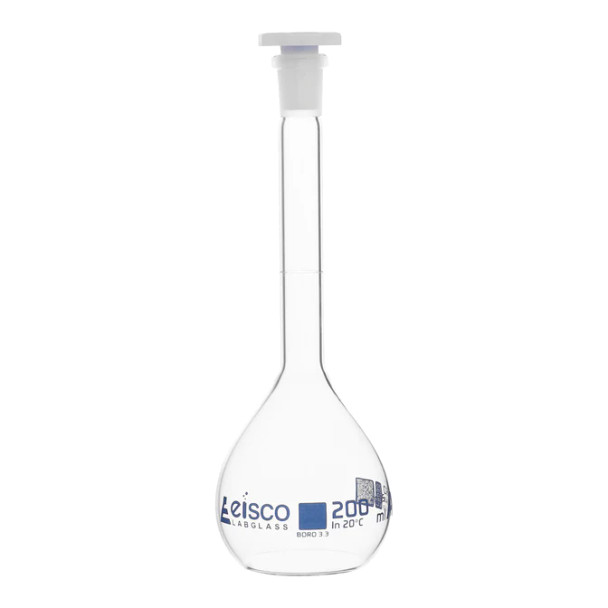 Volumetric Flask, 200mL - Class A - Borosilicate Glass, Polyethylene Stopper, 14/23 Socket - QR Code Marking for Calibration Certificate